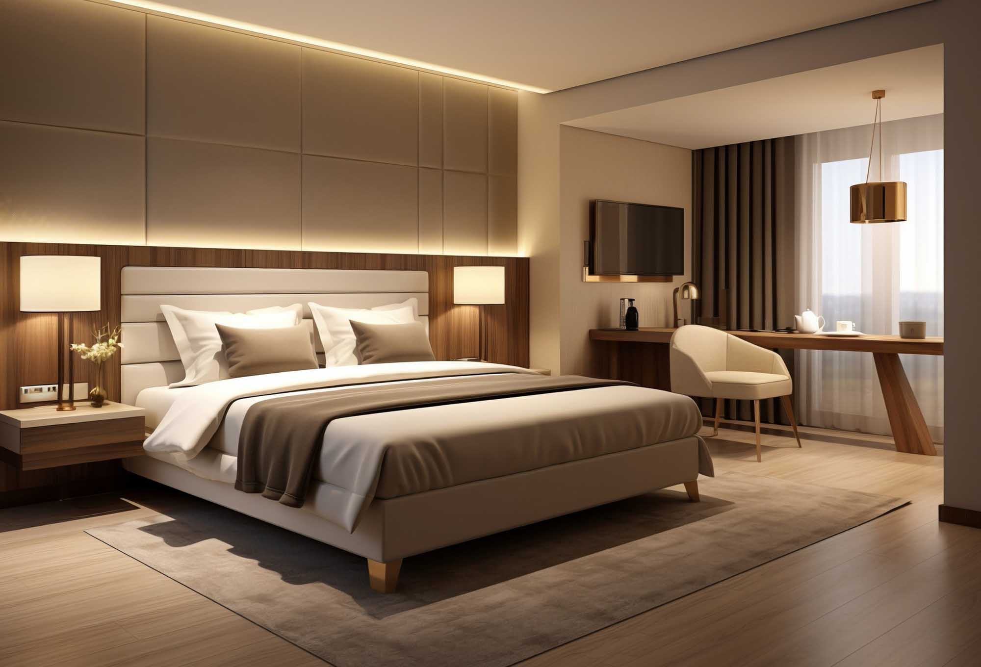 غرفة نوم فاخرة بتصميم داخلي وأرضيات خشبية أنيقة